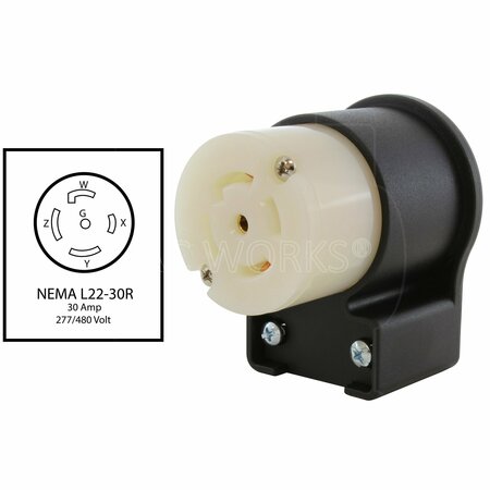 Ac Works NEMA L22-30R 30A 3-Phase Y 277/480V Elbow 5-Prong Locking Female Connector with UL, C-UL Approval ASEL2230R